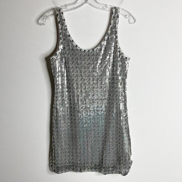 Obey Women’s Sequined Tank Top Size S Silver Sleeveless Long Party Evening - Picture 6 of 8